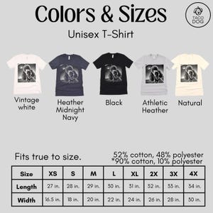 以下が含まれることがあります： ユニセックスTシャツのサイズチャートで、インチで測定されています。チャートは、XSから4Xまでのさまざまなサイズで、シャツの長さと幅を示しています。チャートには、シャツの生地の構成も記載されており、綿52％、ポリエステル48％です。