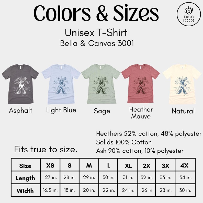 May include: Unisex T-shirt size chart with different color options: asphalt, light blue, sage, heather mauve, and natural. The chart shows the length and width measurements in inches for sizes XS, S, M, L, XL, 2X, 3X, and 4X.