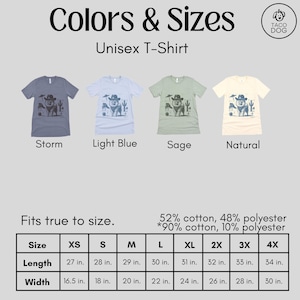 Puede incluir: Camiseta unisex disponible en cinco colores: Storm, azul claro, salvia, natural y blanco. La camiseta est&aacute; hecha de 52% algod&oacute;n y 48% poli&eacute;ster. La tabla de tallas muestra la longitud y el ancho de la camiseta en pulgadas para las tallas XS a 4X.