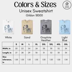 Może przedstawiać: Bluzy unisex w kolorach białym, piaskowym, grafitowym melanżu i jasnoniebieskim, z grafiką psa w kapeluszu kowbojskim. Rozmiary od S do 5XL, szerokości od 51 do 86 cm, długości od 69 do 86 cm. Tekst brzmi "Kolory i Rozmiary".