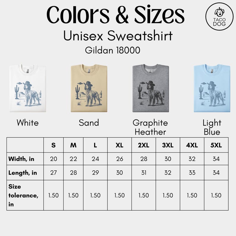 Może przedstawiać: Bluzy unisex w kolorach białym, piaskowym, grafitowym melanżu i jasnoniebieskim, z grafiką psa w kapeluszu kowbojskim. Rozmiary od S do 5XL, szerokości od 51 do 86 cm, długości od 69 do 86 cm. Tekst brzmi "Kolory i Rozmiary".