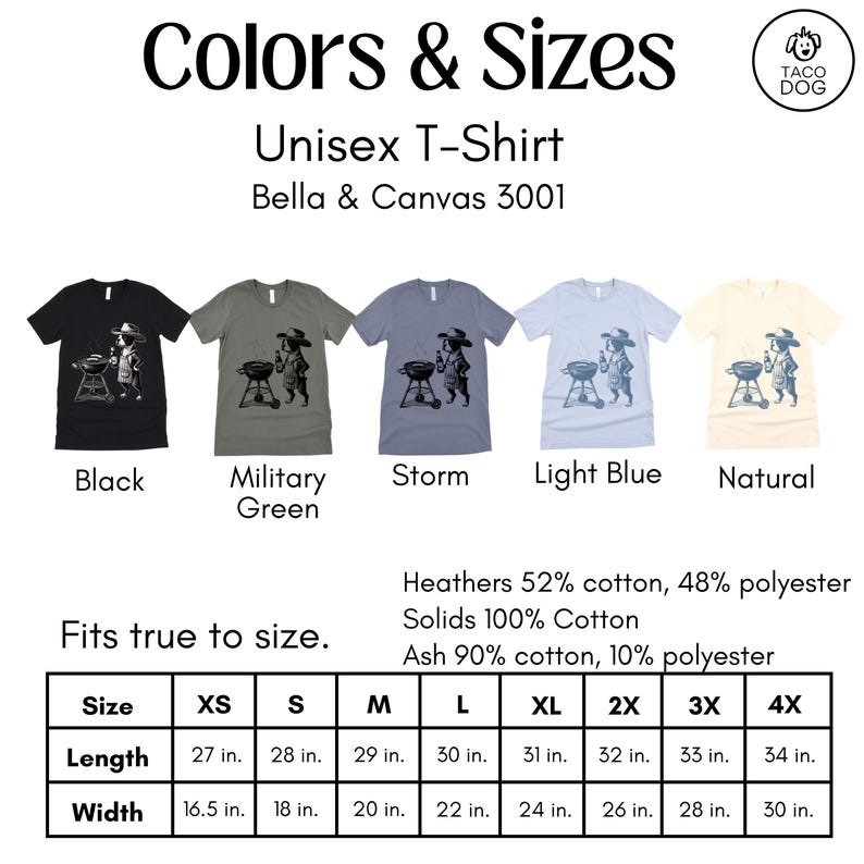 Peut inclure: Tableau des tailles de t-shirt unisexe avec diff&eacute;rentes options de couleurs&nbsp;: noir, vert militaire, gris fonc&eacute;, bleu clair et naturel. Le tableau indique les mesures de longueur et de largeur en pouces pour les tailles XS &agrave; 4X.
