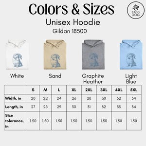 May include: Unisex hoodie in white, sand, graphite heather, and light blue. Each hoodie features a blue illustration of a dog. Size chart shows width and length in inches, ranging from S to 5XL.