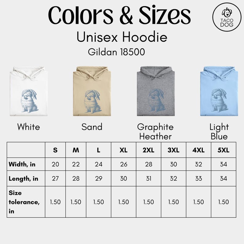 May include: Unisex hoodie in white, sand, graphite heather, and light blue. Each hoodie features a blue illustration of a dog. Size chart shows width and length in inches, ranging from S to 5XL.