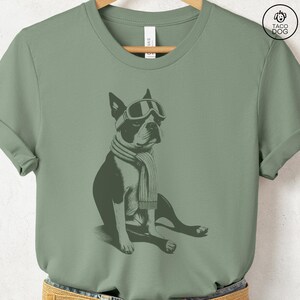 Puede incluir: Camiseta verde salvia con un gr&aacute;fico de un Boston Terrier con gafas de esqu&iacute; y una bufanda. El perro est&aacute; sentado. La camiseta tiene cuello redondo y mangas cortas. El logo de la marca "TACO DOG" est&aacute; en la esquina superior derecha.