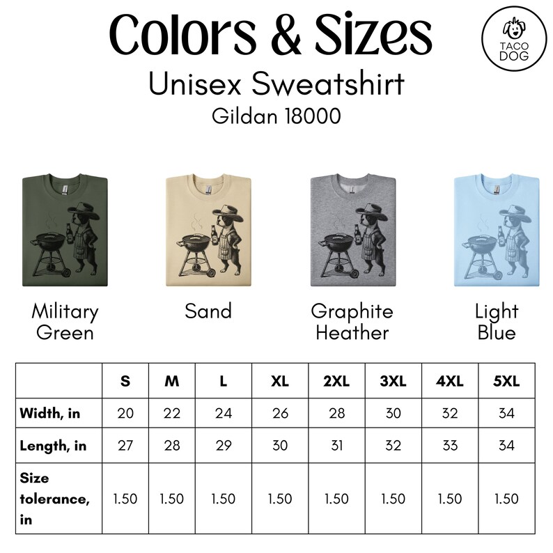 Peut inclure: Tableau des tailles pour un sweat-shirt unisexe disponible en plusieurs couleurs, dont vert militaire, sable, gris chin&eacute; graphite et bleu clair. Le tableau indique la largeur et la longueur en pouces pour les tailles S &agrave; 5XL. La tol&eacute;rance de taille est de 1,50 pouce.