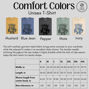 May include: Unisex t-shirt with a crown and dachshund graphic. The shirt is available in mustard, blue jean, pepper, moss, and ivory colors. The size chart shows measurements in inches for S, M, L, XL, 2XL, 3XL, and 4XL.