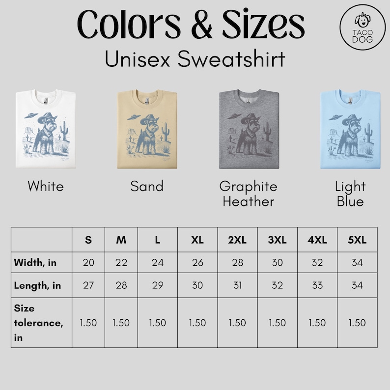 May include: Unisex sweatshirt size chart with measurements in inches. The chart shows the width and length of the sweatshirt in different sizes, from S to 5XL. The chart also includes a size tolerance of 1.50 inches. The sweatshirt is available in four colors: white, sand, graphite heather, and light blue.