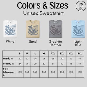K&ouml;nnte beinhalten: Unisex-Sweatshirt-Gr&ouml;&szlig;entabelle mit Ma&szlig;en in Zoll. Die Tabelle zeigt die Breite und L&auml;nge des Sweatshirts in Zoll f&uuml;r die Gr&ouml;&szlig;en S bis 5XL. Die Tabelle enth&auml;lt auch eine Gr&ouml;&szlig;entoleranz von 1,50 Zoll. Der Pullover ist in vier Farben erh&auml;ltlich: Wei&szlig;, Sand, Graphit-Melange und Hellblau.