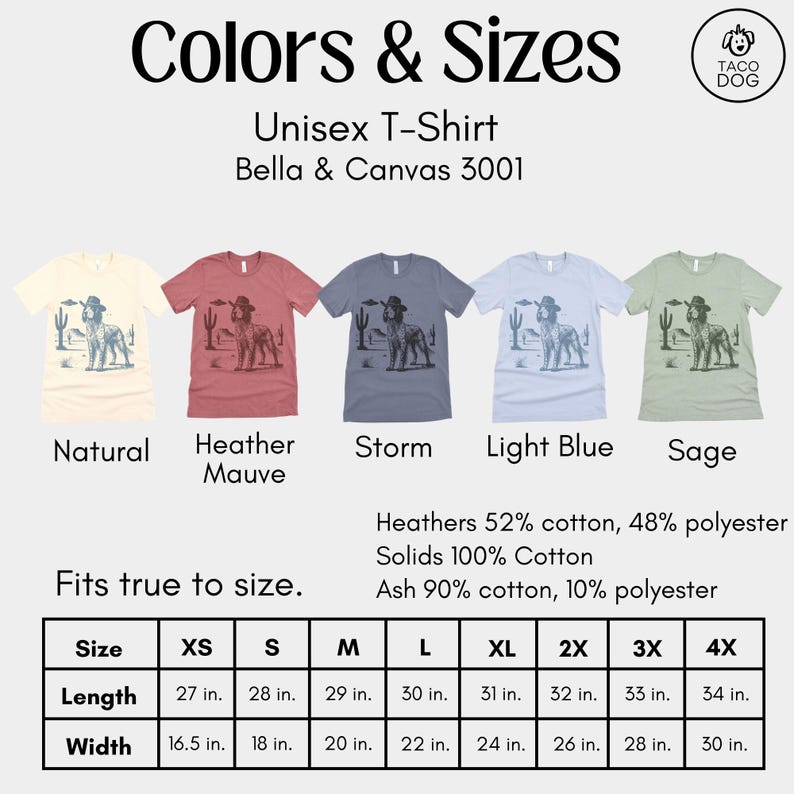 Może przedstawiać: Unisexowe koszulki w r&oacute;żnych kolorach, w tym Natural, Heather Mauve, Storm, Light Blue i Sage. Każda koszulka ma graficzny wz&oacute;r. Tabela rozmiar&oacute;w z wymiarami w cm.