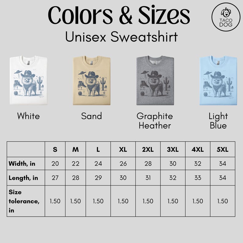 Puede incluir: Tabla de tallas para una sudadera unisex con un gr&aacute;fico de un perro con un sombrero de vaquero. La tabla muestra el ancho y la longitud en pulgadas para las tallas S a 5XL. Los colores disponibles son blanco, arena, gris jaspeado grafito y azul claro.