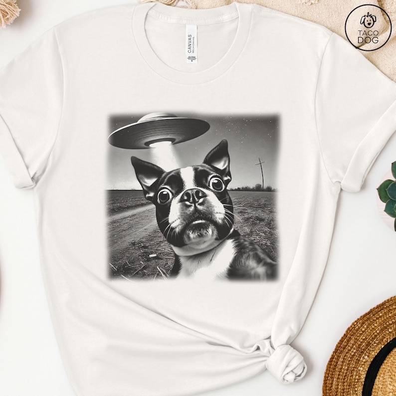 May include: A black and white photo of a Boston Terrier dog looking up at a UFO. The dog is standing in a field with a cross in the background.