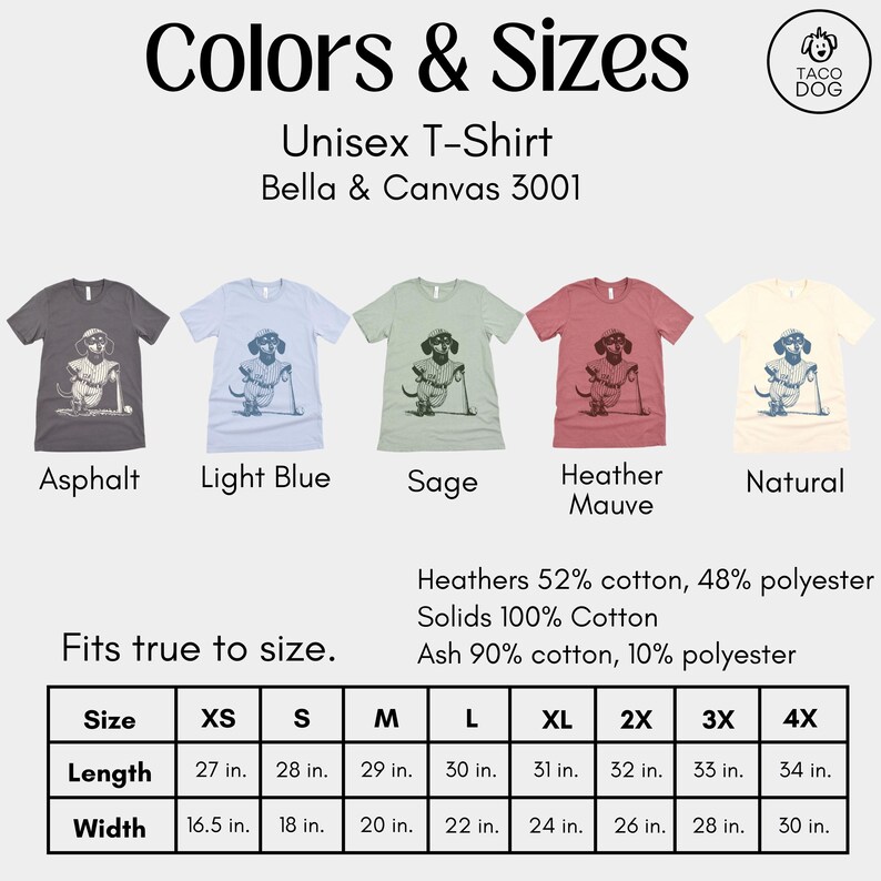 May include: Unisex T-shirt size chart with different color options: asphalt, light blue, sage, heather mauve, and natural. The chart shows the length and width measurements in inches for sizes XS, S, M, L, XL, 2X, 3X, and 4X. The text "Fits true to size." is also included.