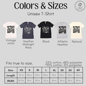May include: Unisex T-shirt size chart with measurements in inches. The chart shows the length and width of the shirt in different sizes, from XS to 4X. The shirt is available in a variety of colors, including vintage white, heather midnight navy, black, athletic heather, and natural.