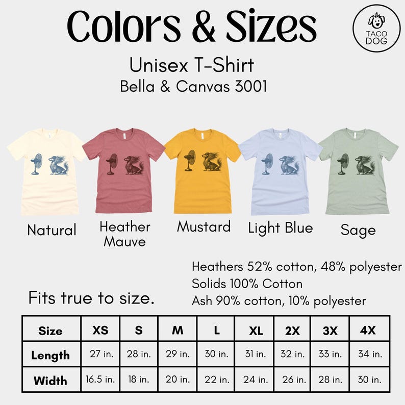 May include: Unisex T-shirts in various colors, including Natural, Heather Mauve, Mustard, Light Blue, and Sage. Each shirt features a graphic design and is available in sizes XS to 4X. The shirts are made of cotton and polyester blends.