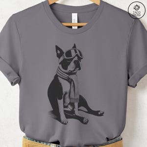 Puede incluir: Camiseta gris con una ilustraci&oacute;n en blanco y negro de un Boston Terrier con gafas de esqu&iacute; y una bufanda. El perro est&aacute; sentado. La camiseta tiene cuello redondo y mangas cortas.