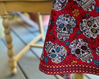 Red Square Tablecloth With Sugar Skulls and vintage woven trim