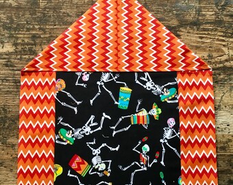 Day of the Dead Reversible Table Runner Skeleton Musicians with Orange and White Chevron