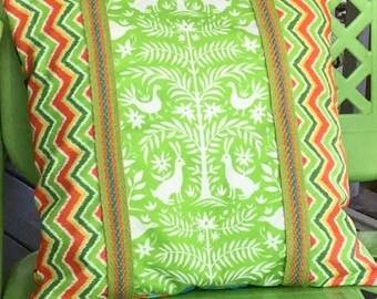 Mexican Otomi Style Pillow Cover 14" Square Chevron Lime Green Orange White Vintage Trim