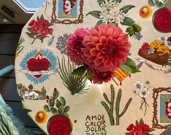 Frida Kahlo Tablecloth Self Portrait Beige and Red Vintage PomPomTrim