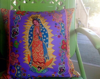 Virgin of Guadalupe Pillow Cover Lavender Pink Teal Orange