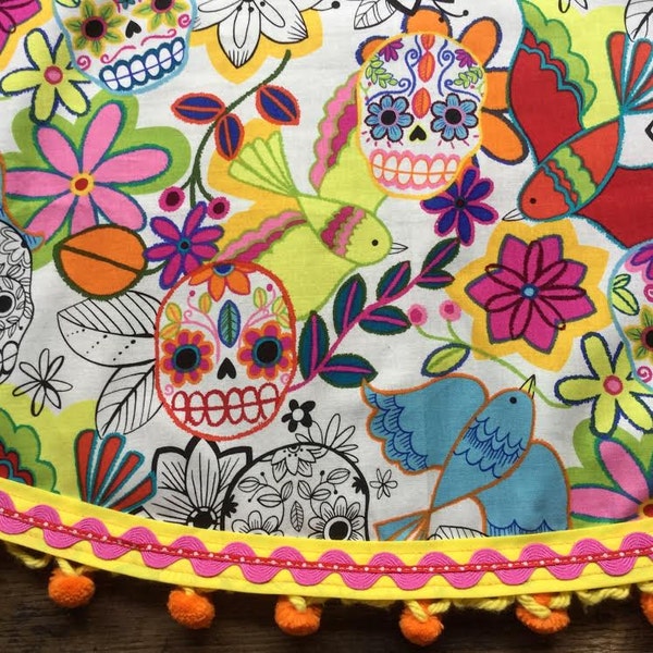 Day of the Dead Tablecloth Mexican Sugar Skulls Folklorico Birds Yellow Pink Orange