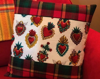 Mexican Sacred Hearts Pillow Cover Red Plaid Flannel