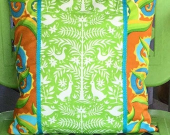 Mexican Otomi Style Pillow Cover 14" Square Lime Green Agave Plant Green Brown Turquoise