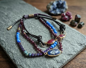 Lapis and Ruby Leather Wrap Bracelet