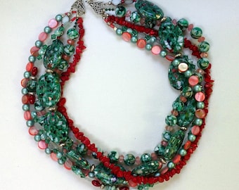 Multi-Strand Turquoise and Coral Statement Necklace - Southwestern Boho Bib Necklace