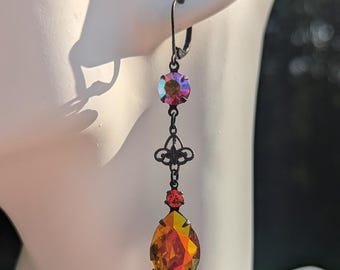 Gothic Darkened Brass Fiery Orange Earrings, Victorian Inspired Statement Jewelry