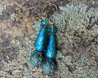 Antiqued Brass and Teal Glass Earrings