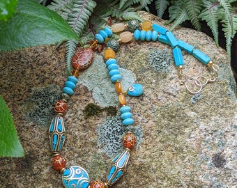 Tibetan Turquoise and Etched Agate Necklace