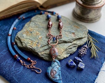 Ceramic Heart Blue Chevron Necklace
