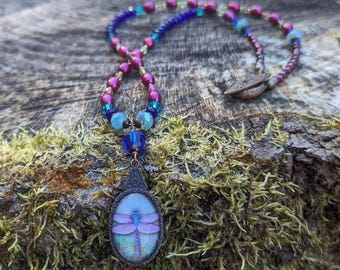 Art Nouveau Pearl Dragonfly Pendant Necklace