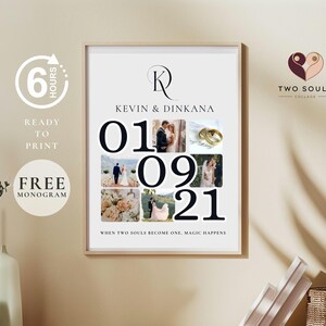 Kundenspezifische Hochzeitstag-Foto-Collage-personalisiertes Jahrestags-Geschenk für kundenspezifisches Foto-Andenken für spezielle Erinnerungen Freie Monogramm-Collage