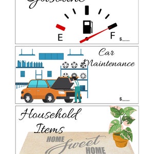 May include: Three illustrated cards with text. The top card reads "Gasoline" with a fuel gauge graphic. The middle card says "Car Maintenance" with a car graphic. The bottom card says "Household Items" with a doormat and plant.