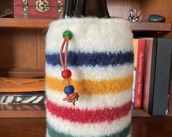 Hudson Bay Growler Cozy ~ Felted Wool ~ Fits 1/2 Gallon / 2 liter Jug / 64 oz ~ White with Blue, Gold, Red & Green Stripes ~ Custom Order