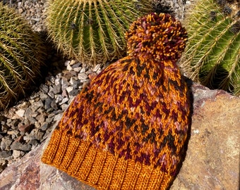 Hand Knit Merino Wool Beanie ~ Squishy Soft ~ OOAK ~ Kettle Dyed ~ Shades of Gold & Burgundy ~ Adult Small/Child Large