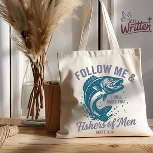 Folge mir und ich werde dich zu Fischern der Männer machen Christian Unisex PNG Digitaler Download Matthäus 4:19 Angeln Design Sublimation Retro Einkaufstasche Png