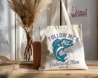 Follow Me & I Will Make You vissers van mannen christelijk unisex png digitale download Mattheus 4:19 vissen ontwerp sublimatie retro draagtas png