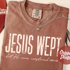 May include: A dusty rose Comfort Colors t-shirt with the text "JESUS WEPT" in large, white, distressed letters. Below, smaller text reads "but He never complained John 11:35." A silver necklace with a pendant rests on the shirt.