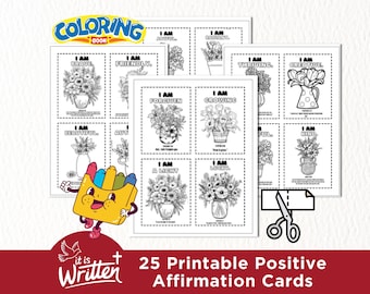 25 Printable Positive Affirmation Cards to Color for Kids, Motivational Coloring Cards for Children, Daily Encouragement Cards for Kids Pdf