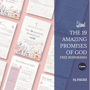 May include: A pink and white floral design with a cross and the text "The 19 Amazing Promises of God" on a white background. The text "Faith-Based Prayer Journal" is also included. This is a printable journal for prayer and reflection.