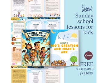 May include: A colorful illustration of a book cover for a Sunday school curriculum for kids. The cover features a group of children on an adventure, with the title "Family Faith Adventures: Interactive Bible Lessons for Kids 4-12". The book is titled "God's Creation and Noah's Ark".