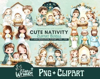 Belén navideño en acuarela, imágenes prediseñadas religiosas de la Natividad, imágenes PNG de vacaciones, imágenes prediseñadas de la Natividad, imágenes PNG de invierno, paquete de imágenes prediseñadas para uso comercial.