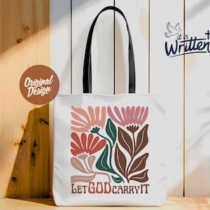神にお任せするトートバッグ PNG SVG キリスト教信仰の花柄デザイン、聖書の名言ギフト、宗教的な聖書トートバッグ デジタルダウンロード