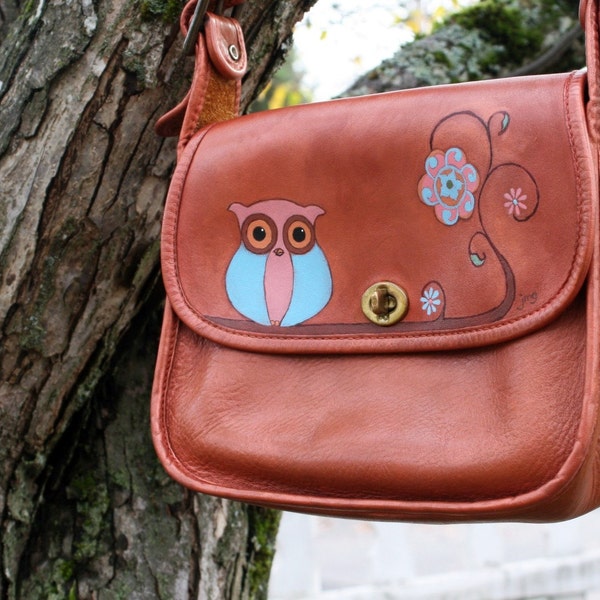 Flower Child Owlie-Hand Painted Vintage Leather Handbag OOAK