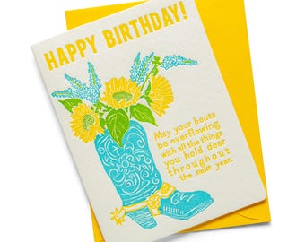 Verjaardagslaarzen overlopend | Verjaardag | Boekdruk-wenskaart