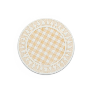 May include: A round, white coaster with a gold gingham pattern and a gold tassel border. The text "Color Pop Letterpress" is printed in the center.